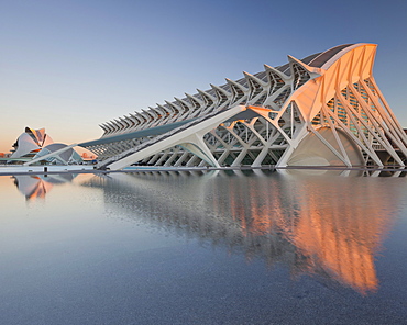 Museum of sciences in the light of the evening sun, Museo de las Ciencias Principe Felipe, Ciudad de las Artes y de las Ciencias, Valencia, Spain, Europe