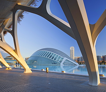 The IMAX cinema L'Hemispheric in the evening, Ciudad de las Artes y de las Ciencias, Valencia, Spain, Europe