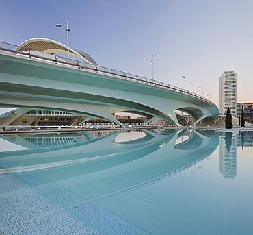 Reflection of bridge in the water, Ciudad de las Artes y de las Ciencias, Valencia, Spain, Europe