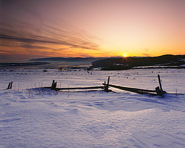 St. Lawrence River, Fence and Mountains at Sunset, Charlevoix, Quebec