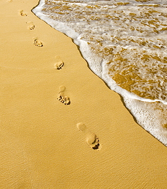 Hawaii, Maui, Makena State Park, Oneloa or Big Beach, Footprints in the sand along the ocean, golden light