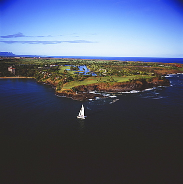 Hawaii, Kauai, Lihue, Kauai Lagoons Golf Course, Aerial of Kiele Course.