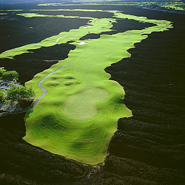 Hawaii, Big Island, Francis I'i Brown Golf Course, South Course, 6th and 8th hole, black lava, aerial 