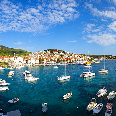 Elevated view over Hvar's picturesque harbour, Stari Grad (Old Town), Hvar, Dalmatia, Croatia, Europe