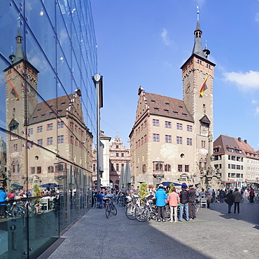 Town Hall, Grafeneckart Tower, Vierroehrenbrunnen fountain, Wurzburg, Franconia, Bavaria, Germany, Europe