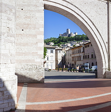 View from Santa Chiara Basilica to Rocca Maggiore Fortress, Assisi, Perugia District, Umbria, Italy, Europe