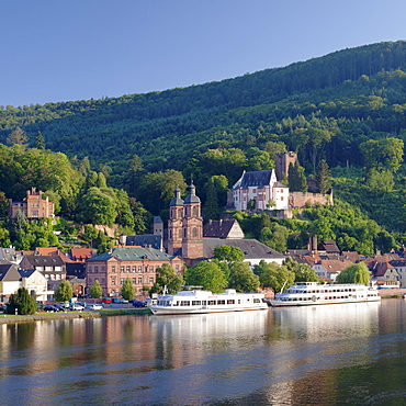 Mildenburg Castle and Parish Church of St. Jakobus, excursion boats on Main River, old town of Miltenberg, Franconia, Bavaria, Germany, Europe