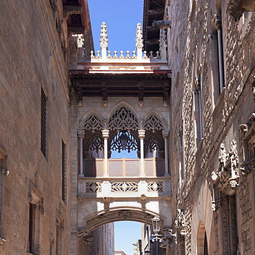 Pont del Bispe Bridge over Carrer del Bispe street, Palau de la Generalitat, Barri Gotic, Barcelona, Catalonia, Spain, Europe