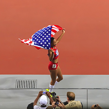 Allyson Felix, United States, celebrates with flag after winning Women's 200m, Stadium, London 2012, Olympic Games, London, England, United Kingdom, Europe