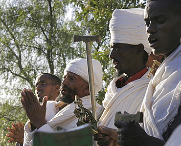 Ethiopia girogis church, adwa, dring a ceremony when patriarch paulos made a visit. Tigray. Priests chanting