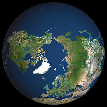 Globe North Pole, True Colour Satellite Image. Cloudless true colour satellite image of the Earth, centred on the Arctic or north polar region