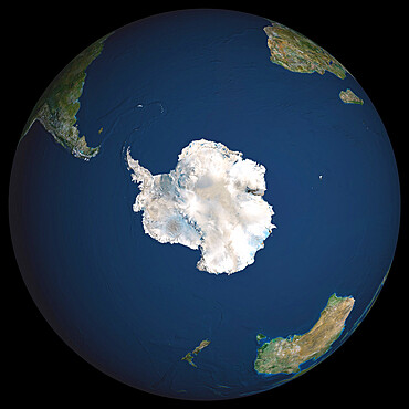 Globe South Pole, True Colour Satellite Image. Earth. True colour satellite image of the Earth, centred on Antarctica