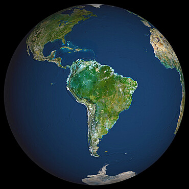 Globe South America, True Colour Satellite Image. Earth. True colour satellite image of the Earth, centred on South America