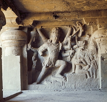 Shiva, destroyer of the elephants, Kailasa, Ellora, UNESCO World Heritage Site, Maharashtra state, India, Asia