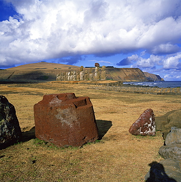 Fallen topknot in foreground, Ahu Tongariki, Rapa Nui National Park, Easter Island, Chile, South America