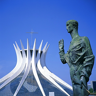 Statue before the Catedral Metropolitana, Brasilia, UNESCO World Heritage Site, Brazil, South America