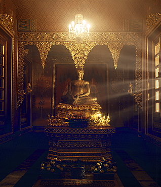 A Sukhothai Buddha image inside a private chapel at the Prasat Museum, Bangkok, Thailand, Southeast Asia, Asia