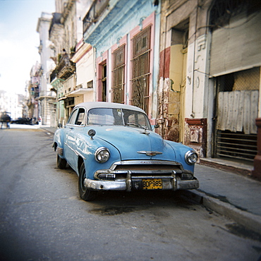 Old blue American car, Cienfugeos, Cuba, West Indies, Central America