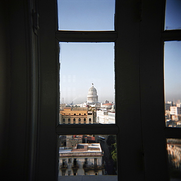 View of the Capitolio from the restaurant window of the Hotel Seville, Havana, Cuba, West Indies, Central America