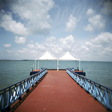 Red pier and the Caribbean sea, Cienfuegos, Cuba, West Indies, Central America