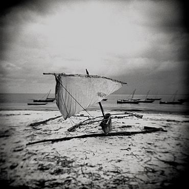 Image taken with a Holga medium format 120 film toy camera of dhow on beach in stormy weather, Nungwi, Zanzibar, Tanzania, East Africa, Africa