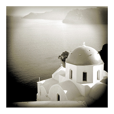 Polaroid of domed church, Oia, Santorini, Cyclades, Greek Islands, Greece, Europe