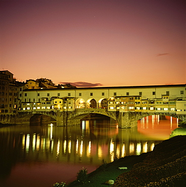 Reflections of the Ponte Vecchio dating from 1345, and the River Arno at sunset, Florence, Tuscany, Italy, Europe