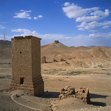 View over the Palmyrene Tower Tombs, multi-storey burial chambers dating from the 1st and 2nd centuries AD, at the ancient Graeco-Roman city of Palmyra, UNESCO World Heritage Site, Syria, Middle East