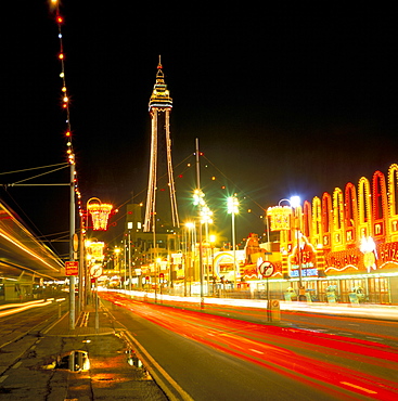 Blackpool Tower and illuminations, Blackpool, Lancashire, England, United Kingdom, Europe