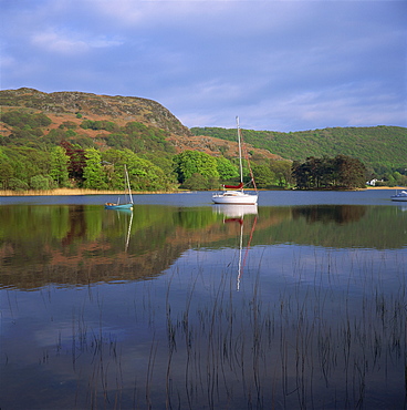 Boats and reflections, Coniston Water, Lake District National Park, Cumbria, England, United Kingdom, Europe