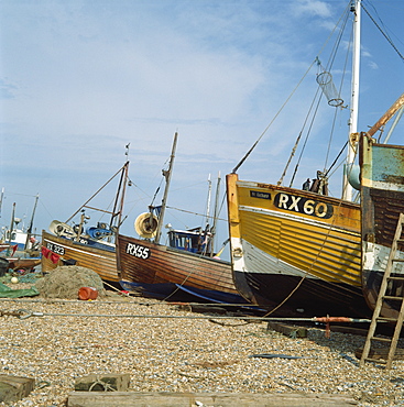 Fishing boats on shingle beach, Hastings, East Sussex, England, United Kingdom, Europe