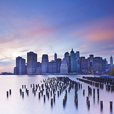 Dusk view of the skyscrapers of Manhattan from the Brooklyn Heights neighborhood, New York City, New York, United States of America, North America