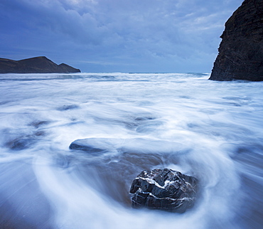 High tide at twilight on Crackington Haven beach, Cornwall, England, United Kingdom, Europe