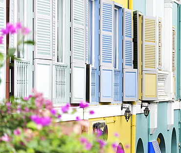 Colourful wooden window shutters in the Boat Quay area of Singapore, Southeast Asia, Asia