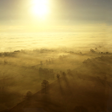 Aerial image of fog over the Somerset Levels, near Glastonbury, Somerset, England, United Kingdom, Europe