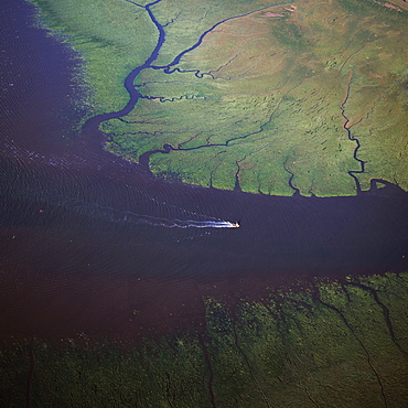 Aerial view of the mouth of Great Ouse River entering The Wash, King's Lynn, Norfolk, England, United Kingdom, Europe