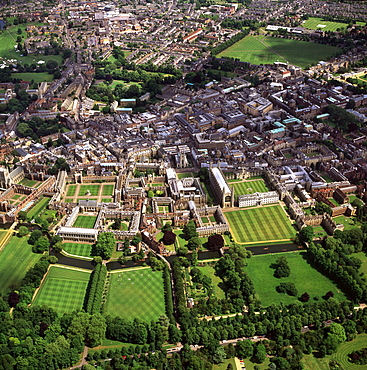 Aerial view of Cambridge including The Backs where several University of Cambridge colleges back on to the River Cam, Cambridge, Cambridgeshire, England, United Kingdom, Europe