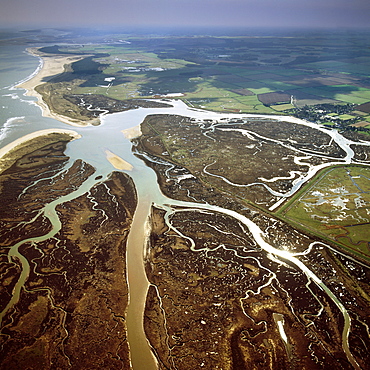 Aerial view of salt marsh at Burnham Overy Staithe, Norfolk, England, United Kingdom, Europe