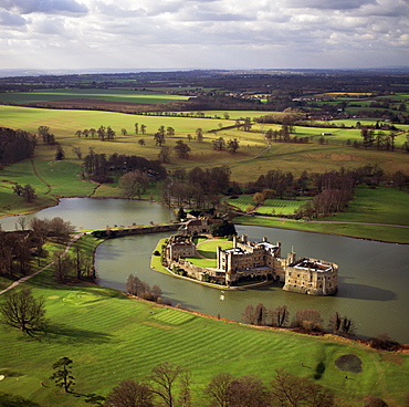 Aerial image of Leeds Castle and moat, a medieval castle, southeast of Maidstone, Kent, England, United Kingdom, Europe