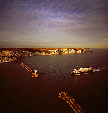 Aerial image of Dover Harbour (Port of Dover), with ferry arriving, Kent, England, United Kingdom, Europe