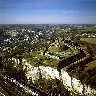 Aerial image of Dover Castle over the white Cliff of Dover, Kent, England, United Kingdom, Europe