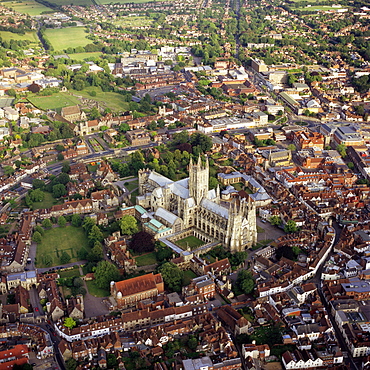 Aerial image of city and cathedral, Canterbury, Kent, England, United Kingdom, Europe