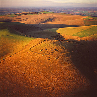 Aerial image of Mount Caburn with the remains of an Iron Age hill fort, east of Lewes, East Sussex, England, United Kingdom, Europe