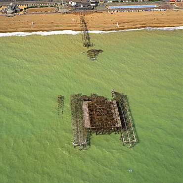 Aerial image of the burnt-out West Pier, Brighton, Sussex, England, United Kingdom, Europe