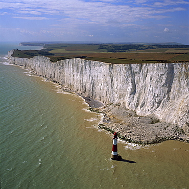 Aerial image of chalk cliffs and lighthouse, Beachy Head, near Eastbourne, East Sussex, England, United Kingdom, Europe