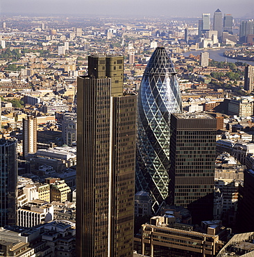 Aerial view of Tower 42, Gherkin (30 St. Mary Axe) (Swiss Re Building) and St. Helen's (Aviva Tower), City of London, London, England, United Kingdom, Europe