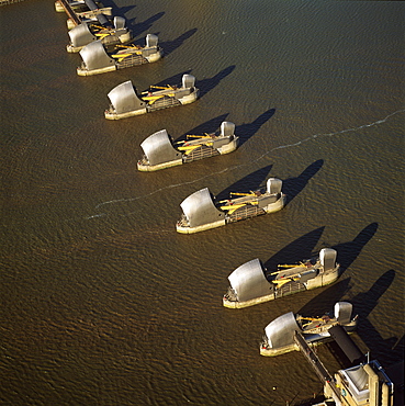 Aerial image of the Thames Flood Barrier across the River Thames, Woolwich Reach, Woolwich, London, England, United Kingdom, Europe