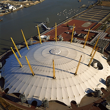 Aerial image of the Millennium Dome and the River Thames, Greenwich Peninsula, South East London, London, England, United Kingdom, Europe