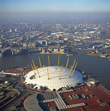 Aerial image of the Millennium Dome and the River Thames, Greenwich Peninsula, South East London, London, England, United Kingdom, Europe