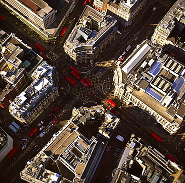 Aerial image of Oxford Circus, a busy intersection of Regent Street and Oxford Street, in the City of Westminster, London, England, United Kingdom, Europe